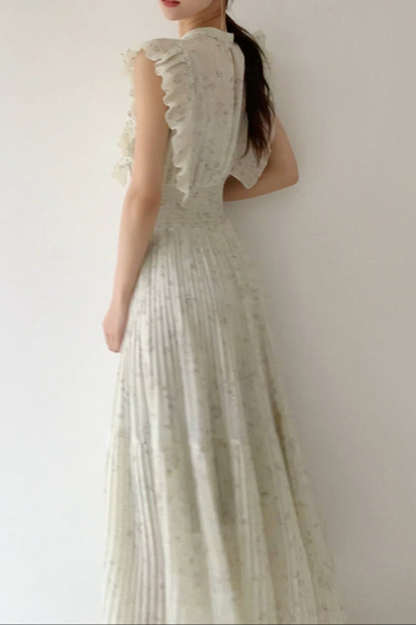 AUDREY SLEEVELESS PLEATED FLORAL MIDI DRESS, MINT GREEN