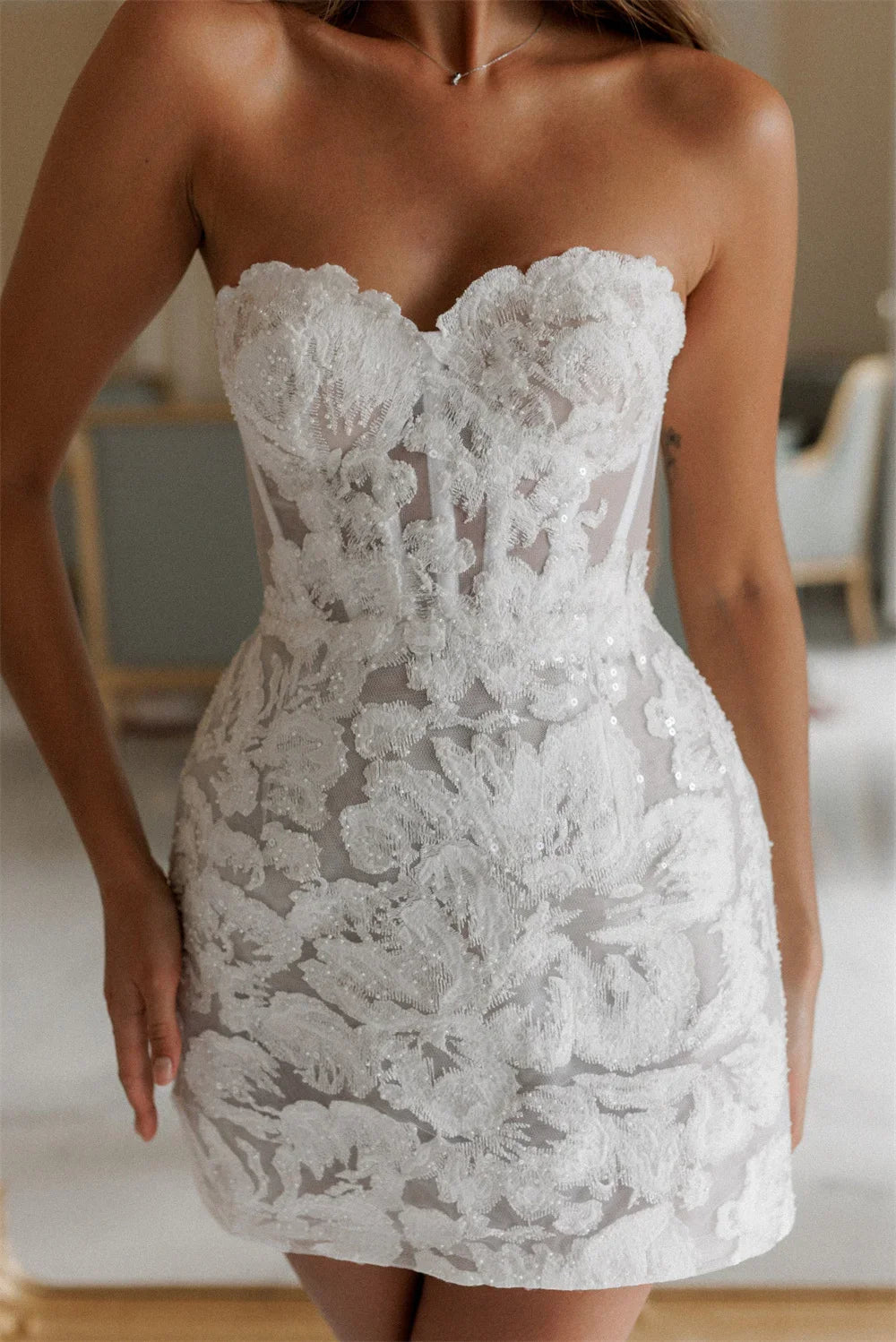 JILLIAN STRAPLESS WHITE LACE MINI DRESS