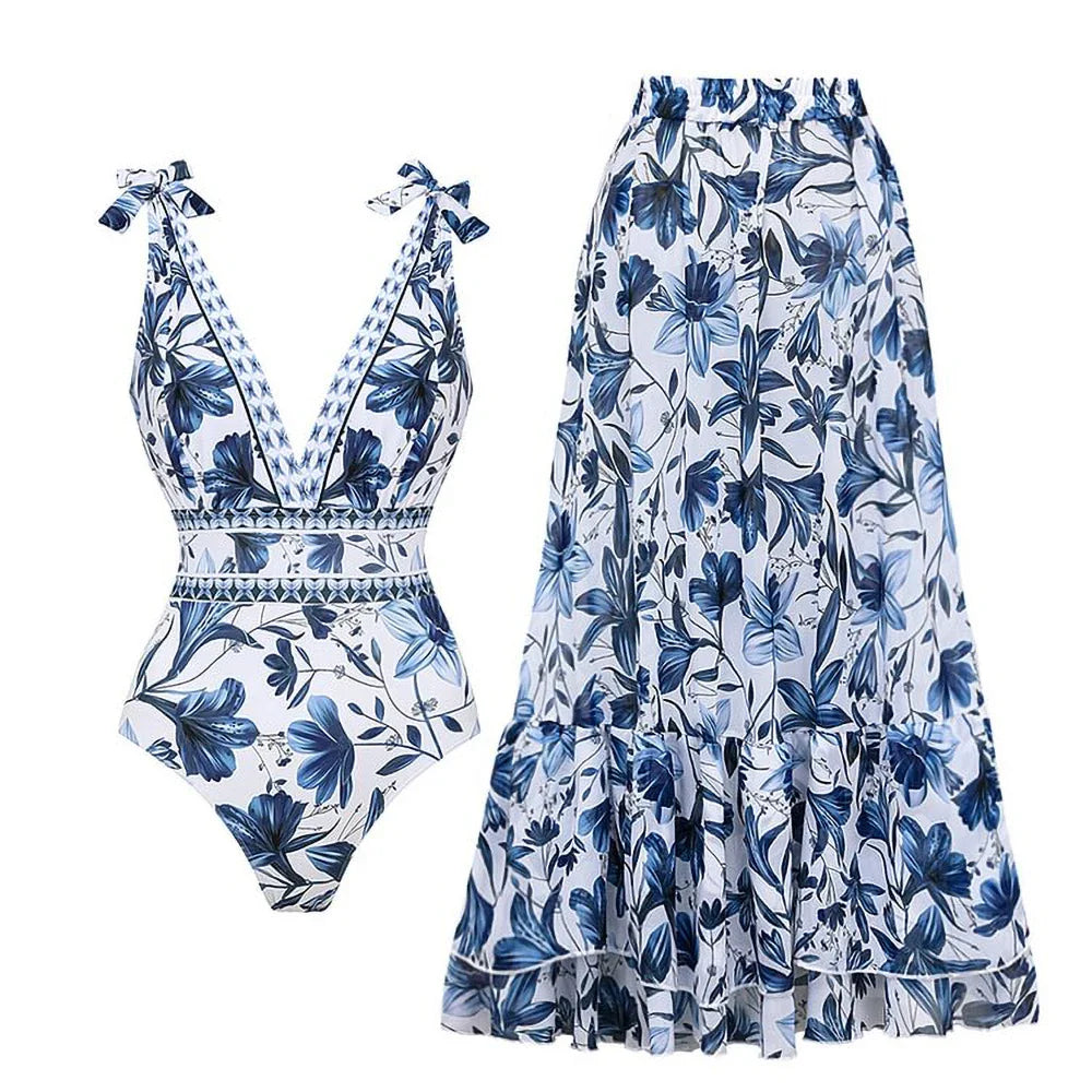 Sa35db90dee624f0aa8fba51cda2cda89N V-NECK LACE PRINTED SWIMSUIT & SKIRT SET