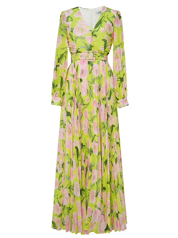 FLORAL PLEATED LANTERN SLEEVE MAXI DRESS YELLOW