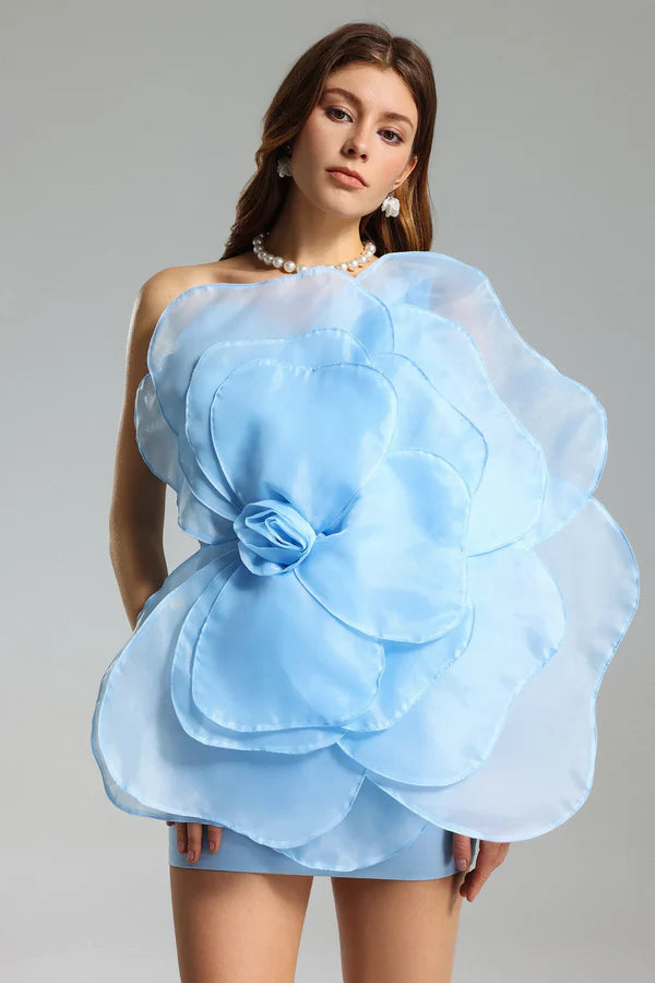 3D ORGANZA FLORAL MINI DRESS - BLUE, VOLUMINOUS PARTY