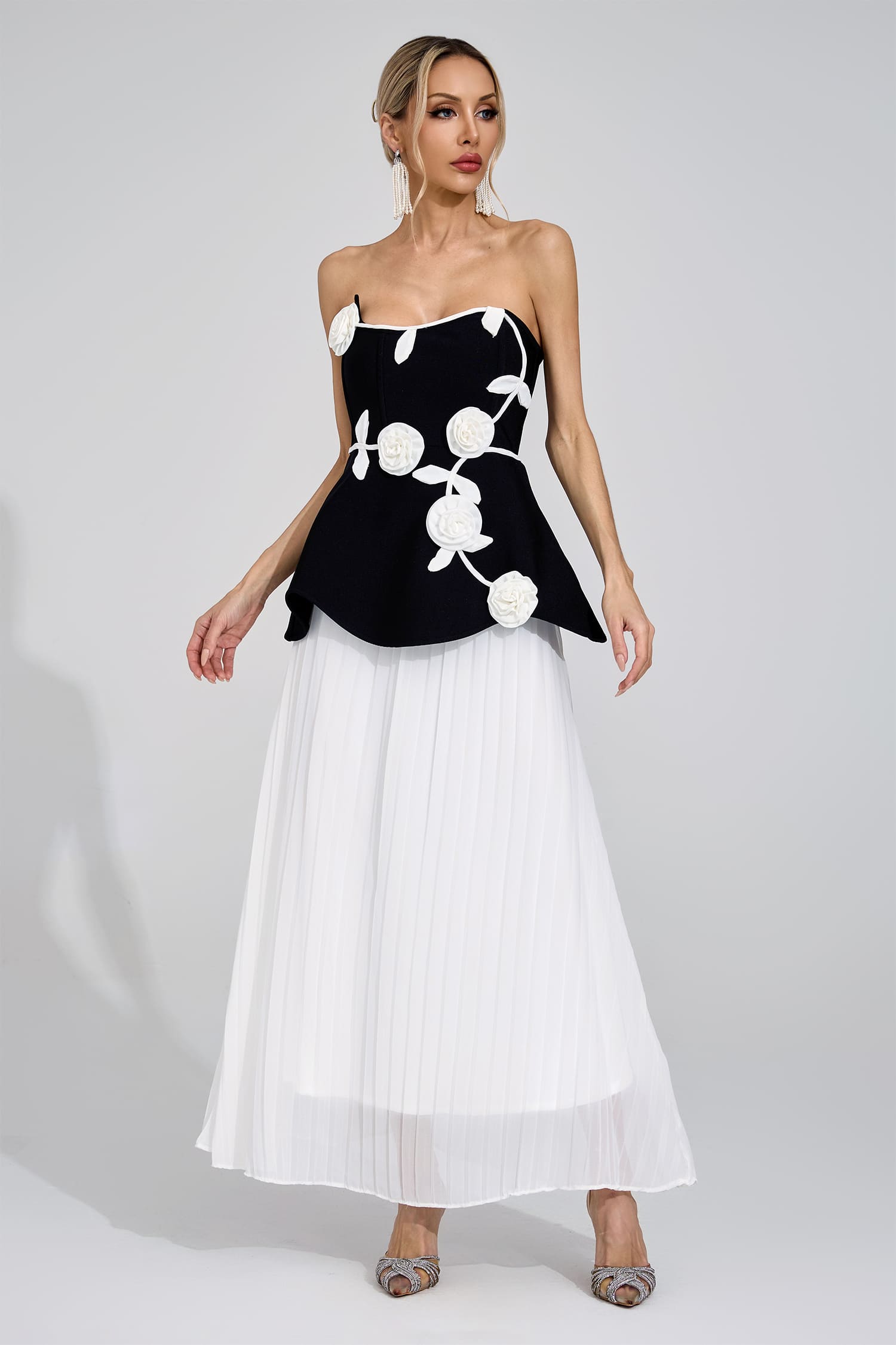 MIGNON BLACK WHITE FLORAL STRAPLESS MAXI DRESS FOR WEDDING