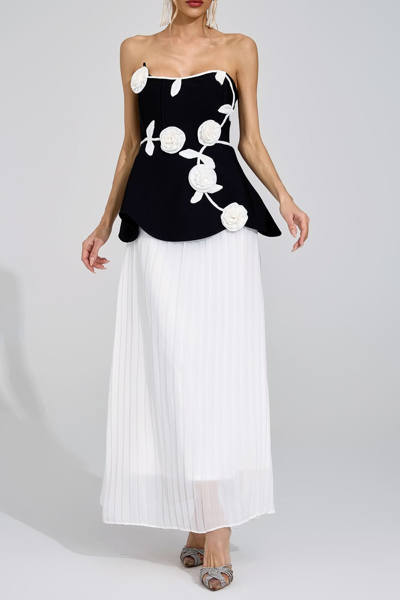 Saga-Tindra-_3 MIGNON BLACK WHITE FLORAL STRAPLESS MAXI DRESS FOR WEDDING