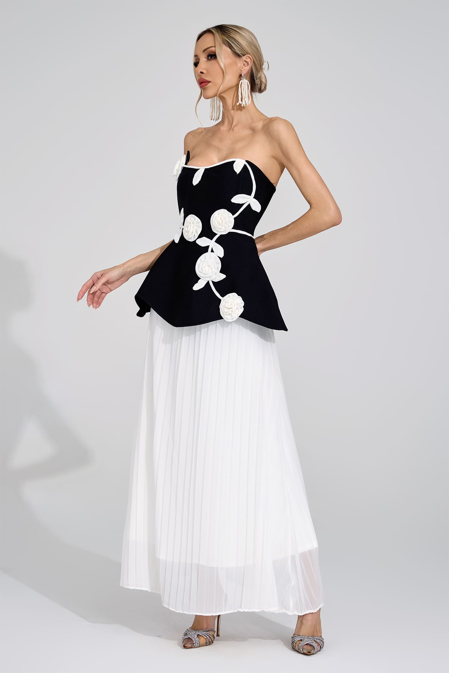 MIGNON BLACK WHITE FLORAL STRAPLESS MAXI DRESS FOR WEDDING