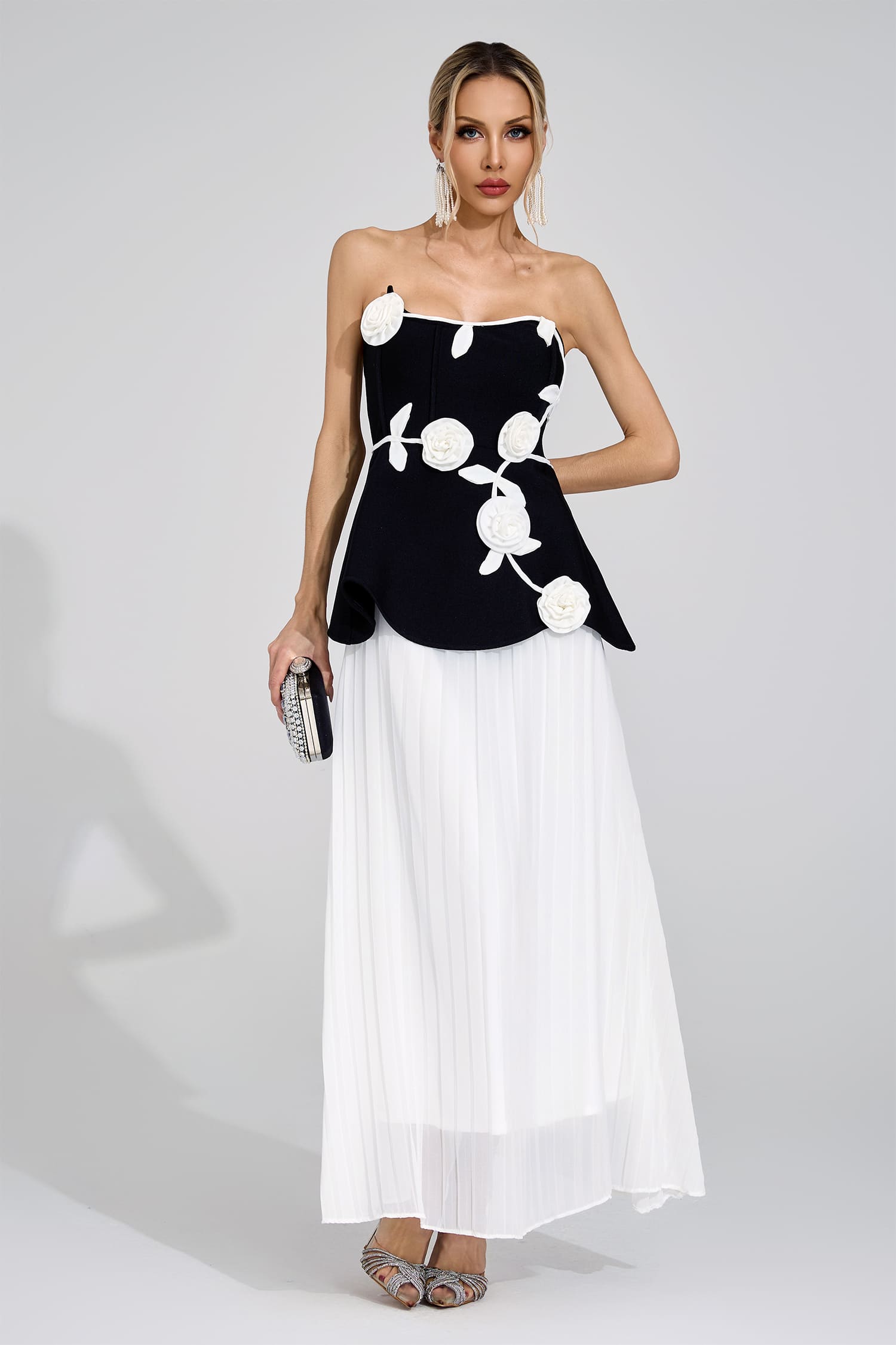 MIGNON BLACK WHITE FLORAL STRAPLESS MAXI DRESS FOR WEDDING