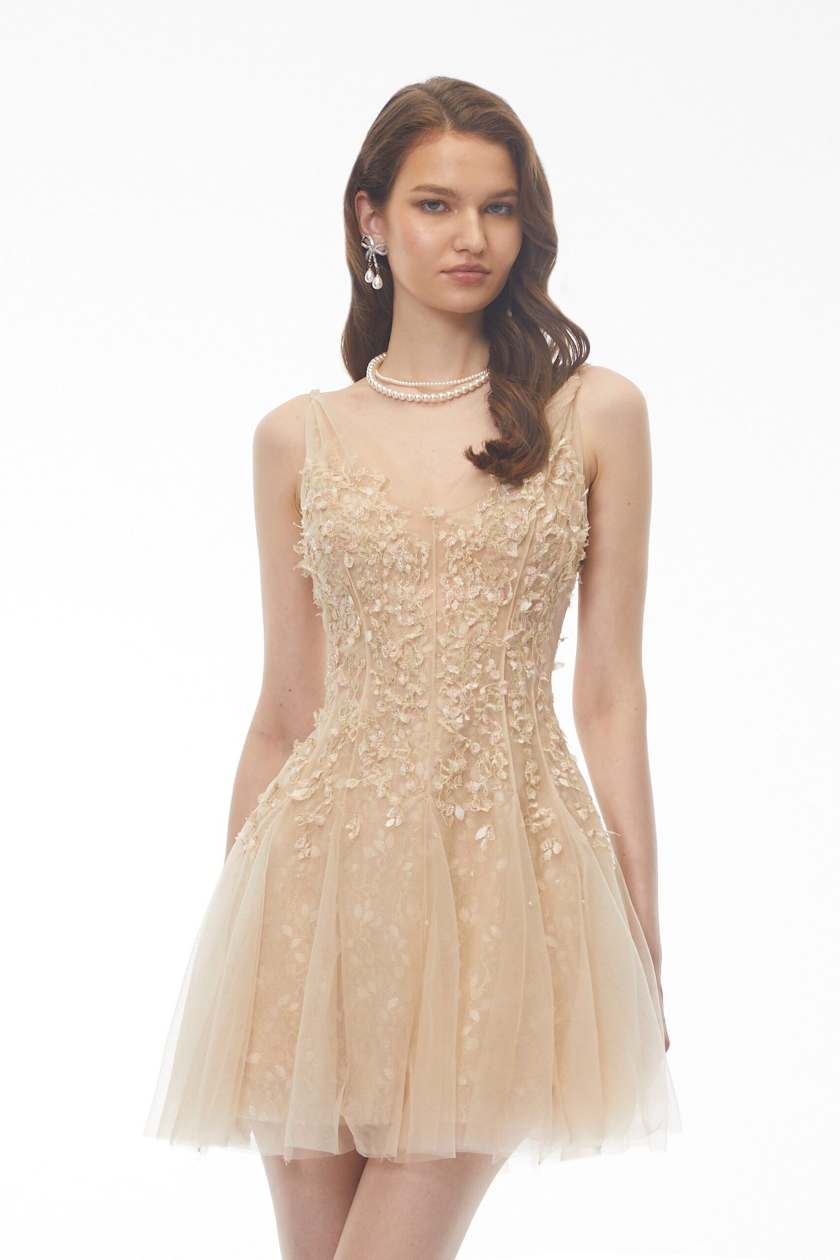 SAGA NEUTRAL 3D PETAL PLEATED MINI DRESS