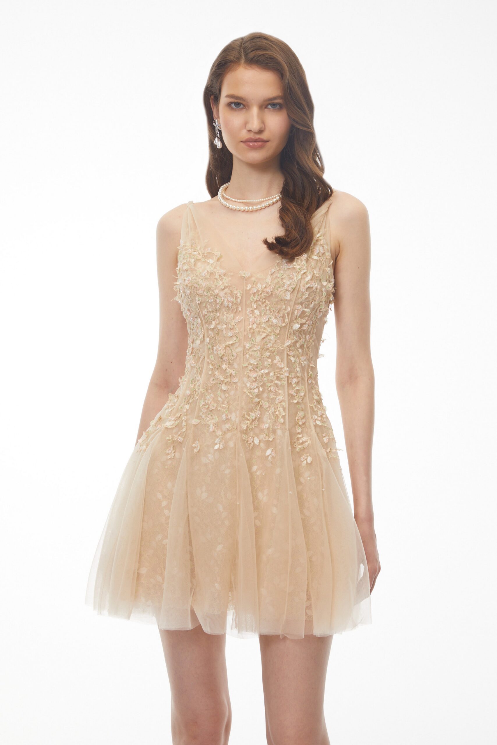 SAGA NEUTRAL 3D PETAL PLEATED MINI DRESS