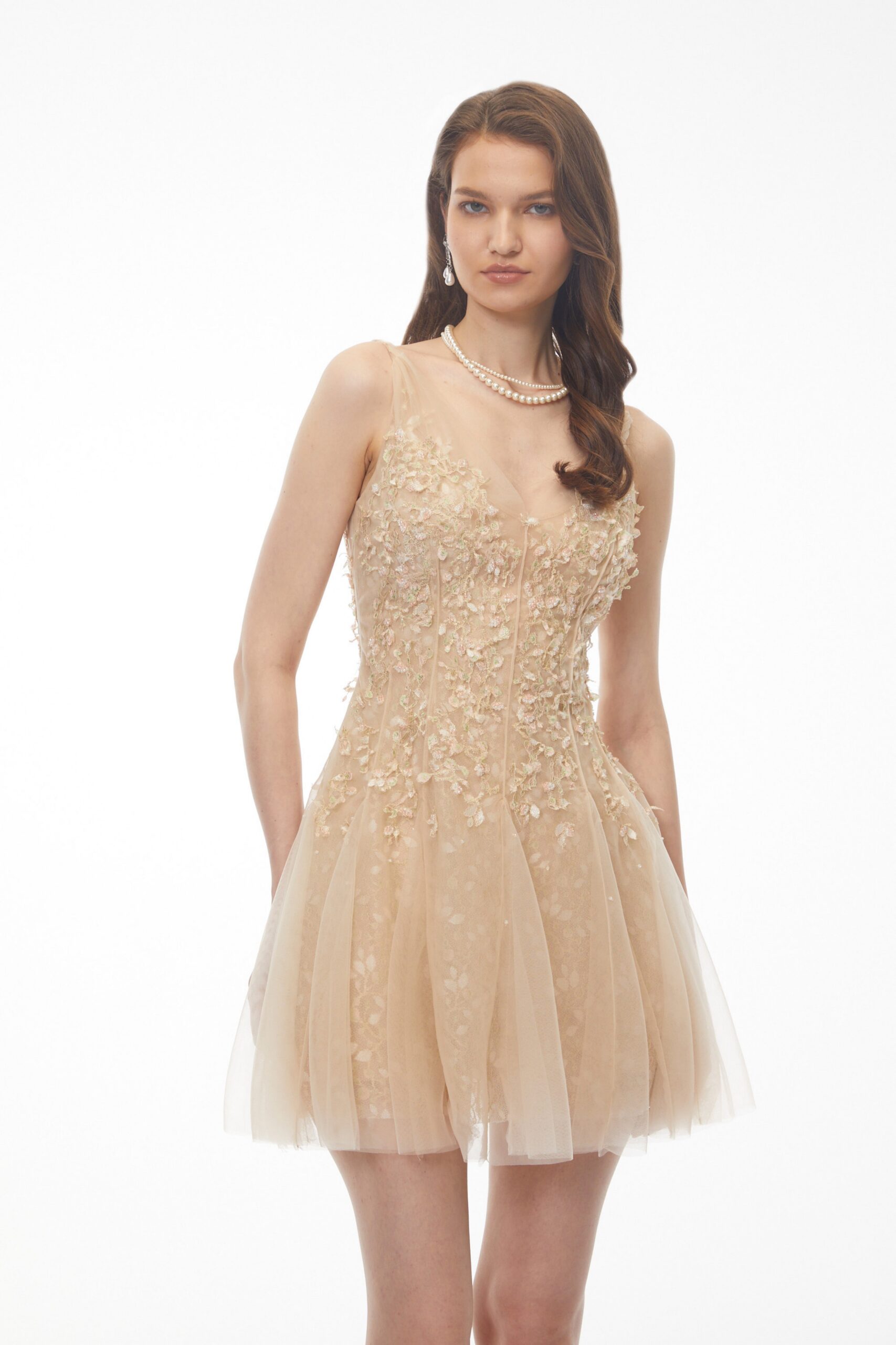 SAGA NEUTRAL 3D PETAL PLEATED MINI DRESS