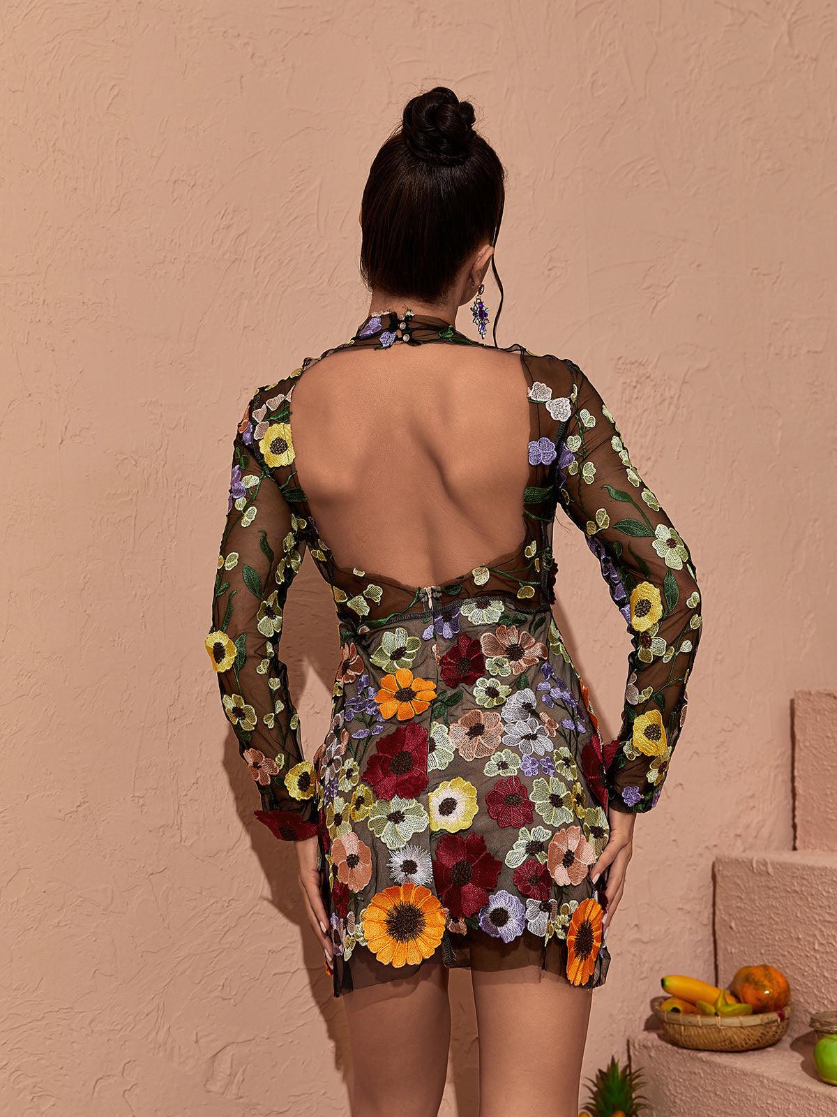 LONG SLEEVE MESH FLOWER MINI DRESS BLACK