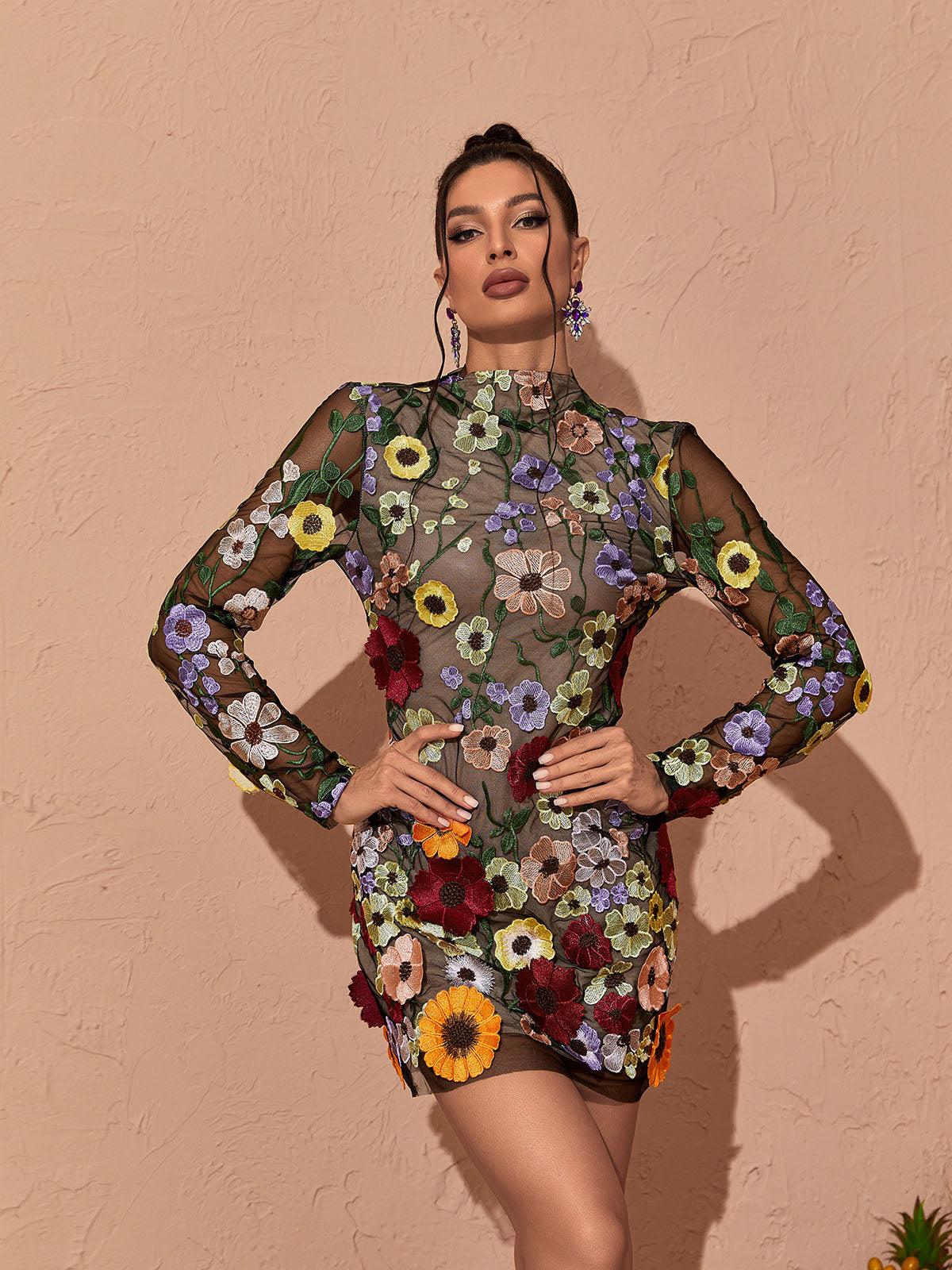 LONG SLEEVE MESH FLOWER MINI DRESS BLACK