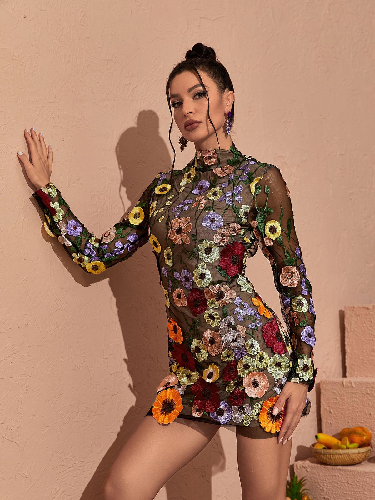 LONG SLEEVE MESH FLOWER MINI DRESS BLACK