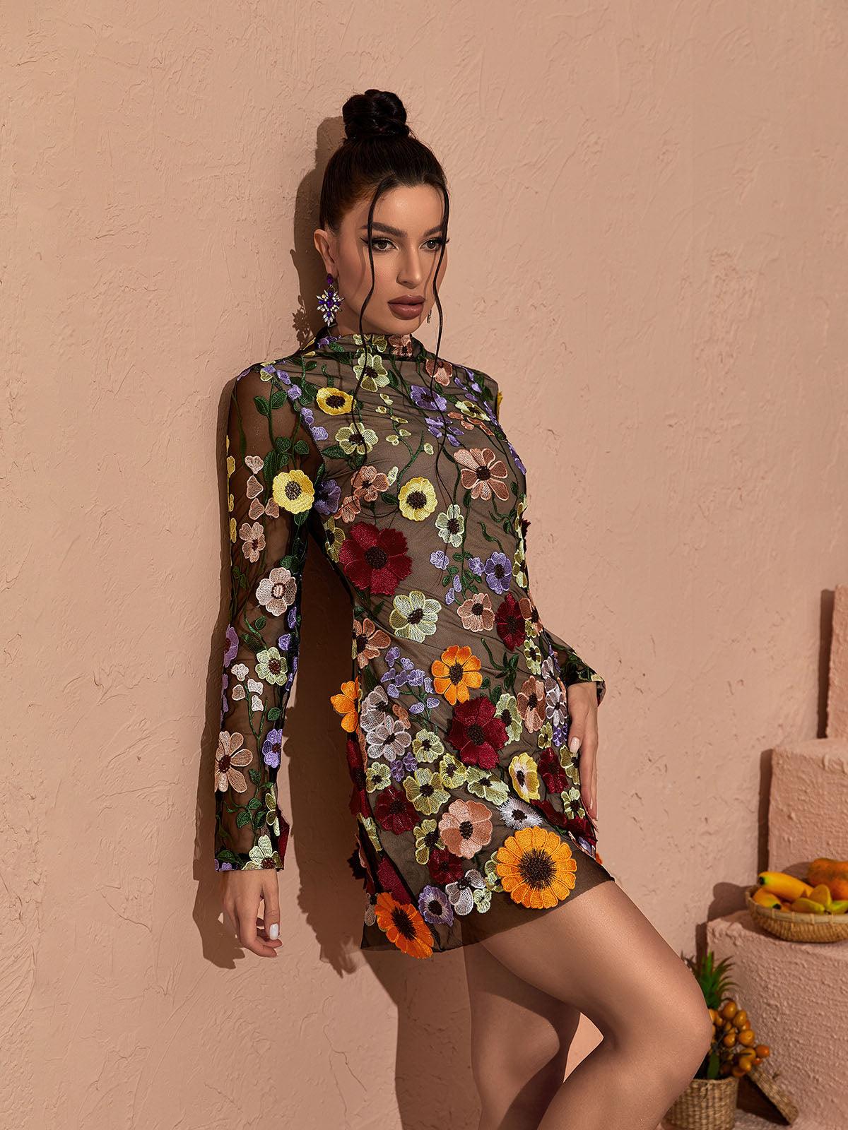 LONG SLEEVE MESH FLOWER MINI DRESS BLACK