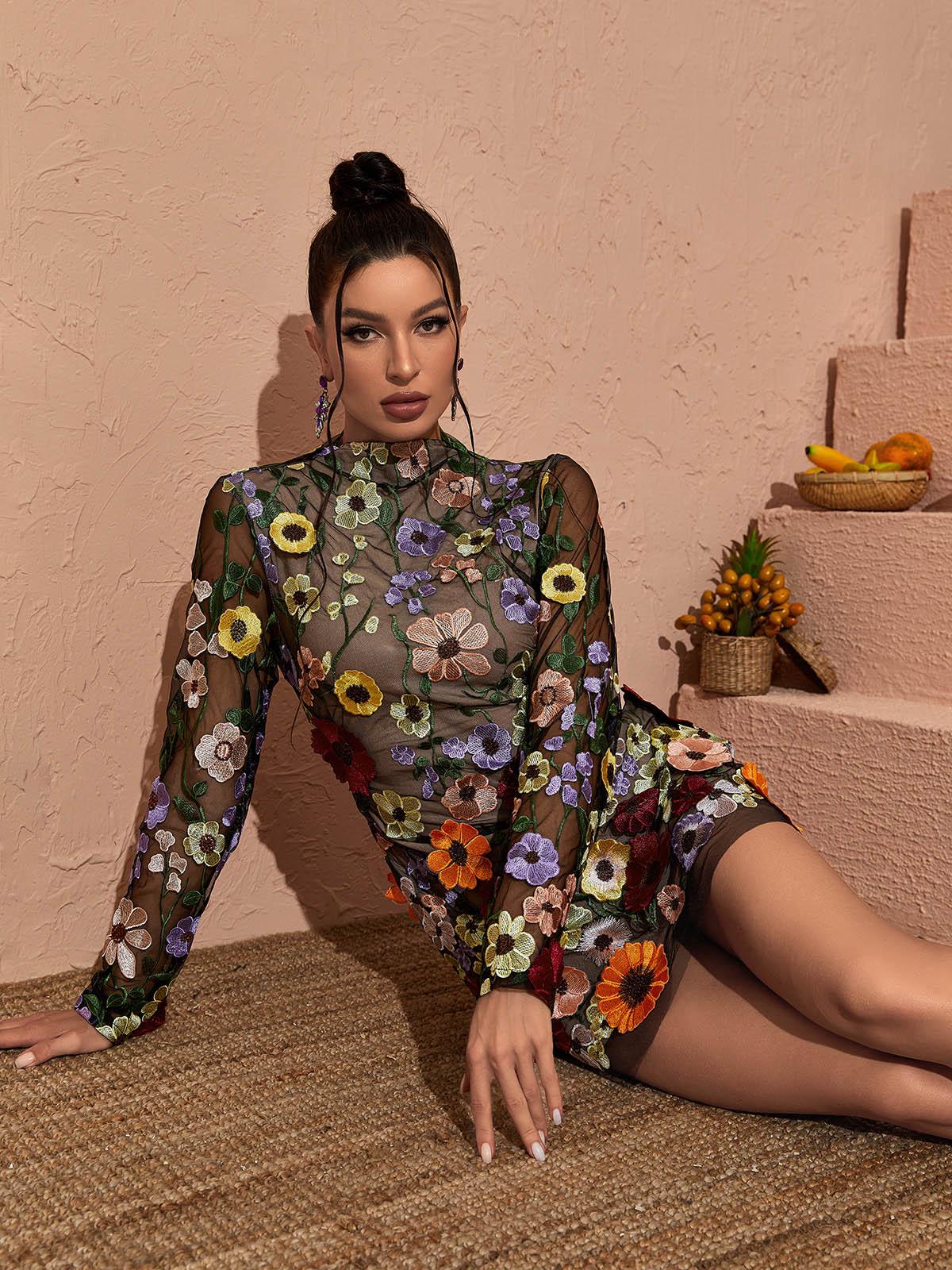 LONG SLEEVE MESH FLOWER MINI DRESS BLACK