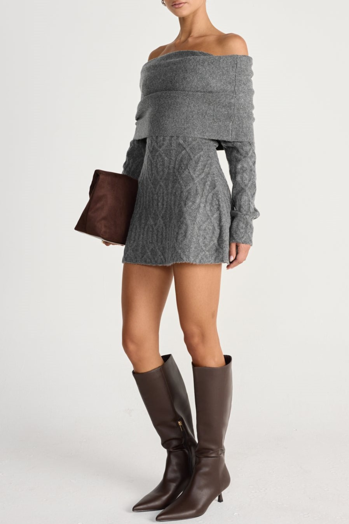 GWENDOLYN OFF-SHOULDER KNIT MINI DRESS GREY