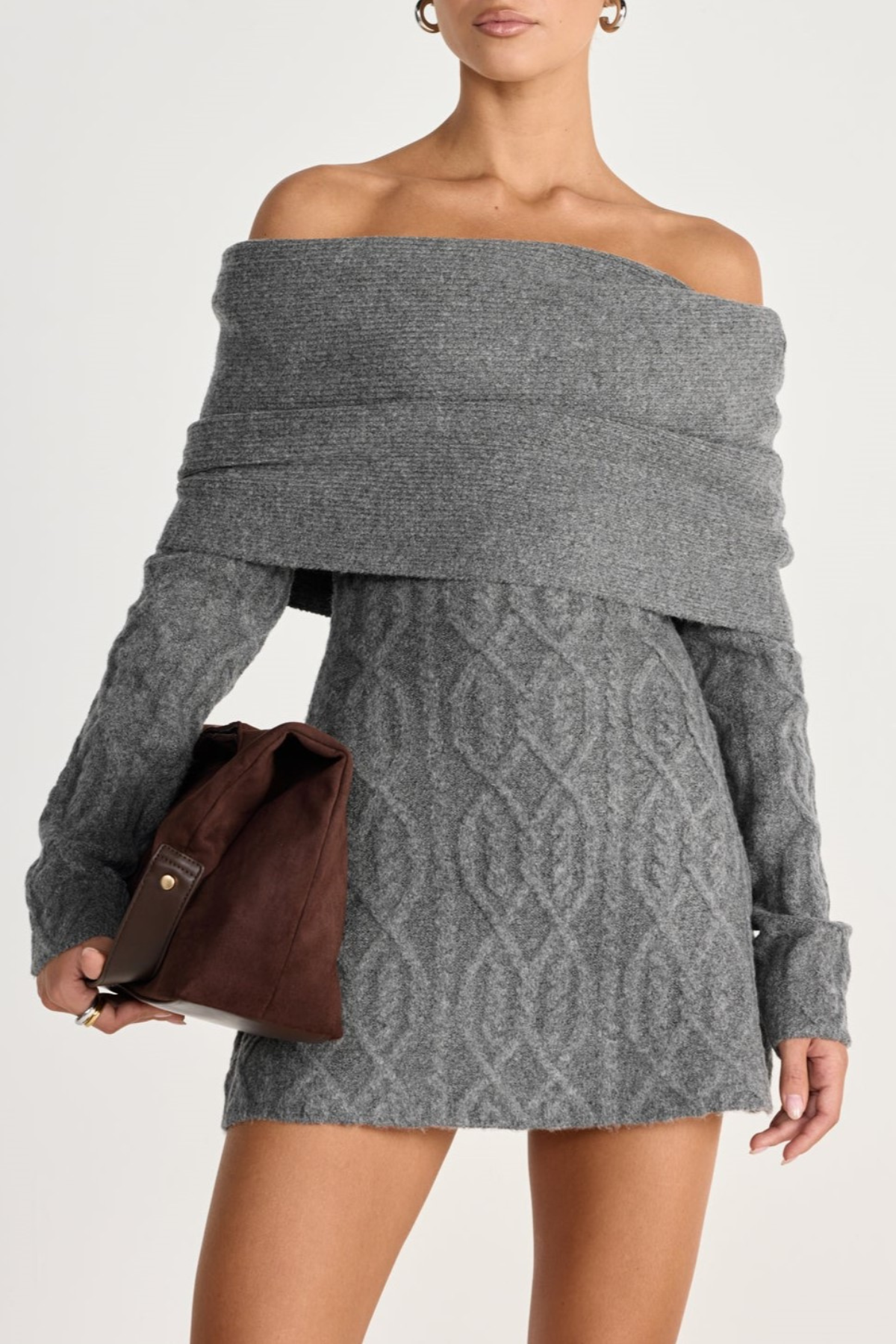GWENDOLYN OFF-SHOULDER KNIT MINI DRESS GREY