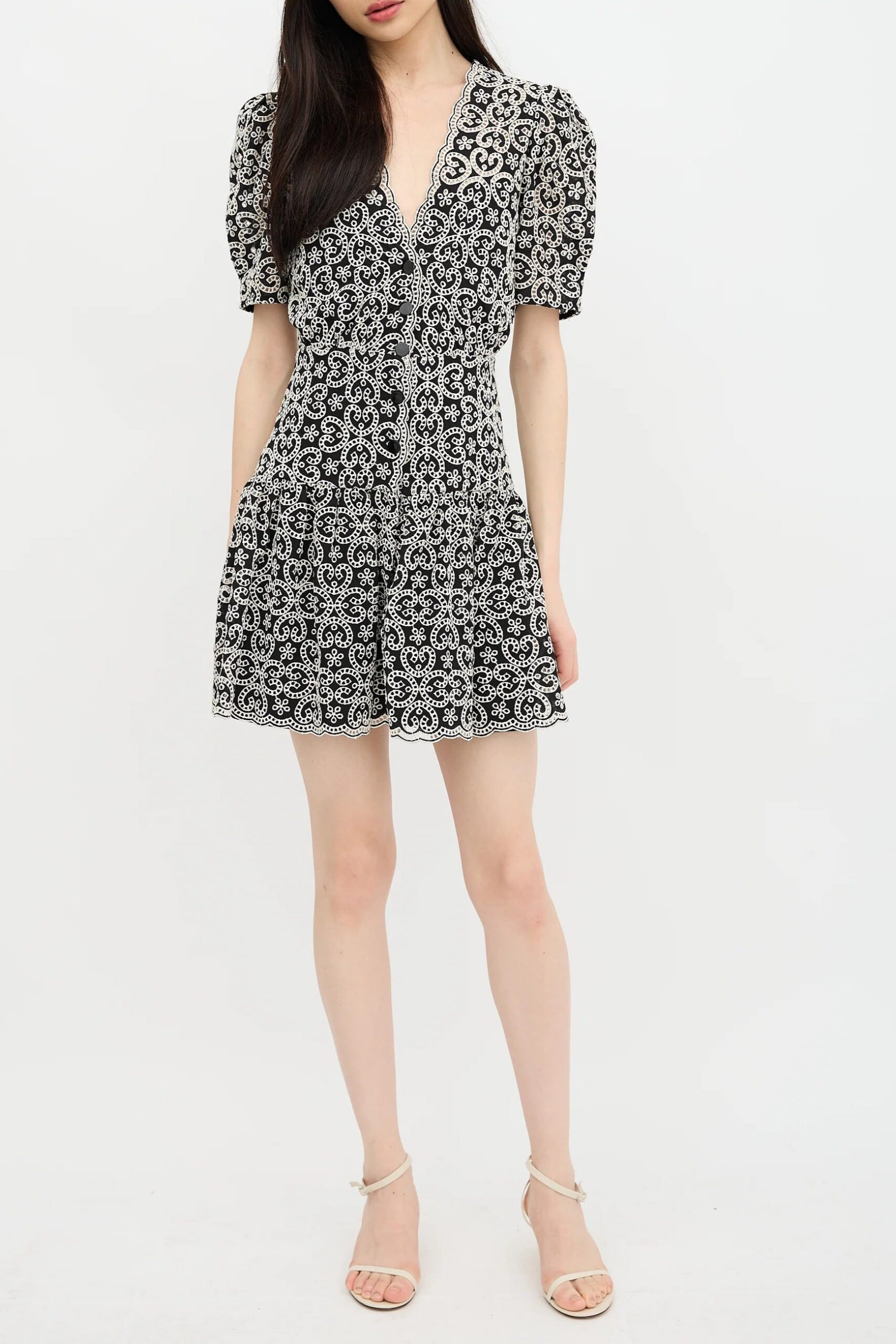 BLACK V-NECK GUIPURE LACE MINI DRESS