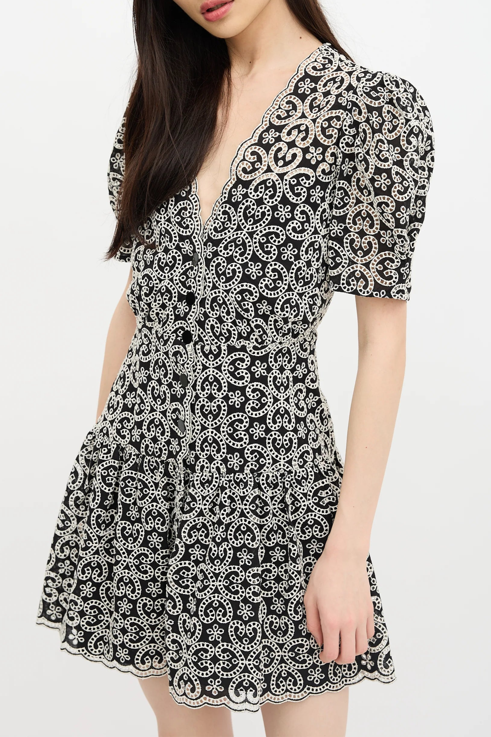 BLACK V-NECK GUIPURE LACE MINI DRESS