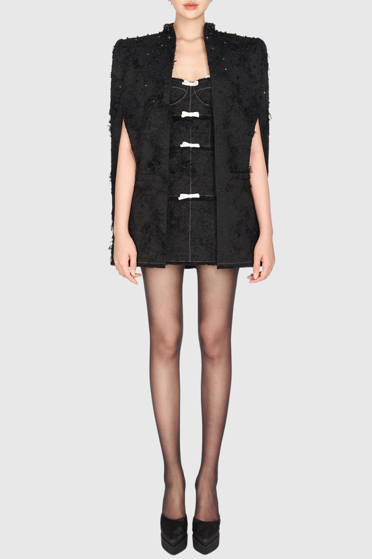 SANTOS JACQUARD BEADED MINI DRESS - BLACK BOW COCKTAIL