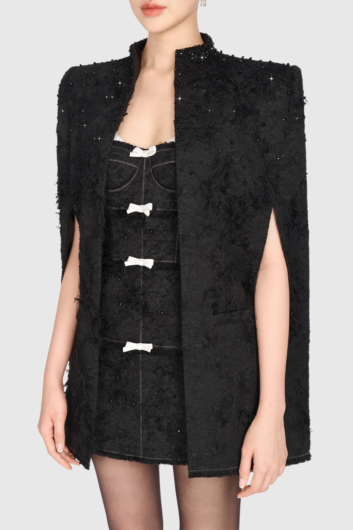SANTOS JACQUARD BEADED MINI DRESS - BLACK BOW COCKTAIL
