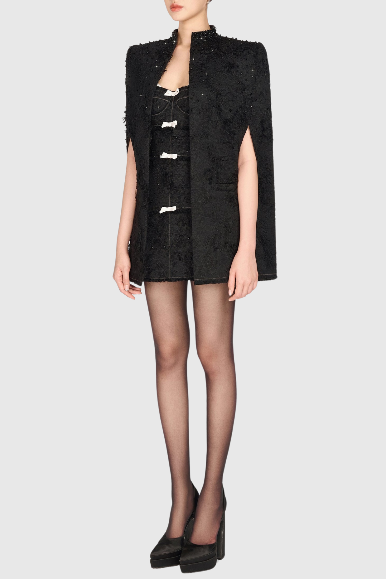 SANTOS JACQUARD BEADED MINI DRESS - BLACK BOW COCKTAIL