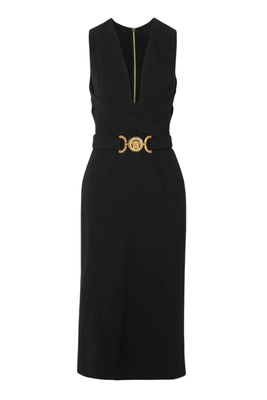 SAPLE V-NECK BELTED MIDI BANDAGE DRESS