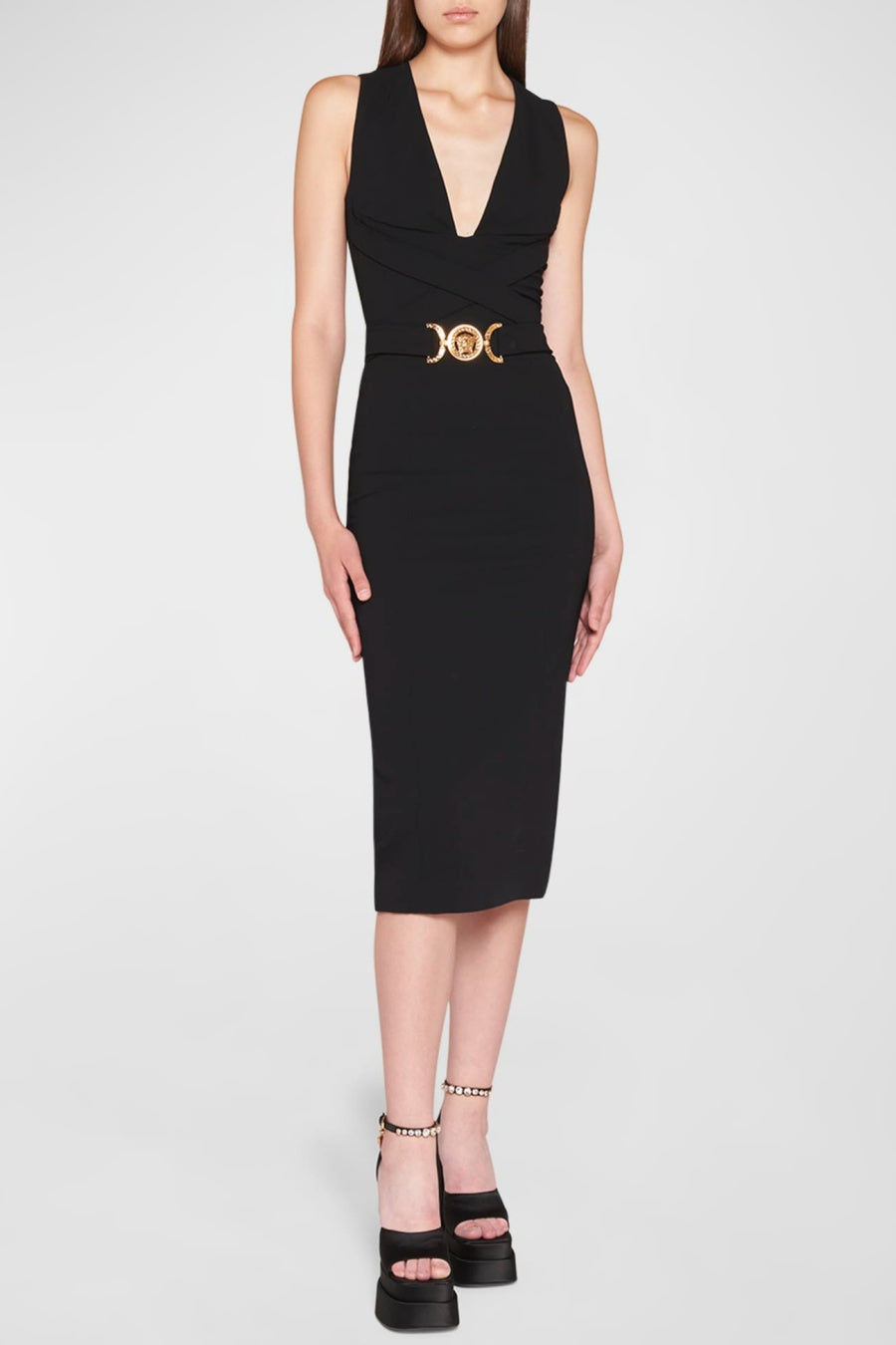 SAPLE V-NECK BELTED MIDI BANDAGE DRESS