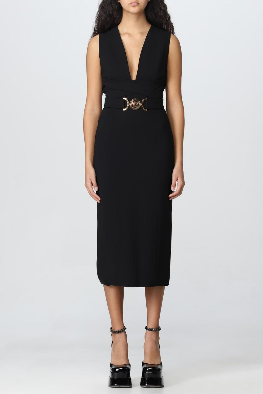 SapleV-neckBeltedEmbellishedMidiBandageDress5 SAPLE V-NECK BELTED MIDI BANDAGE DRESS