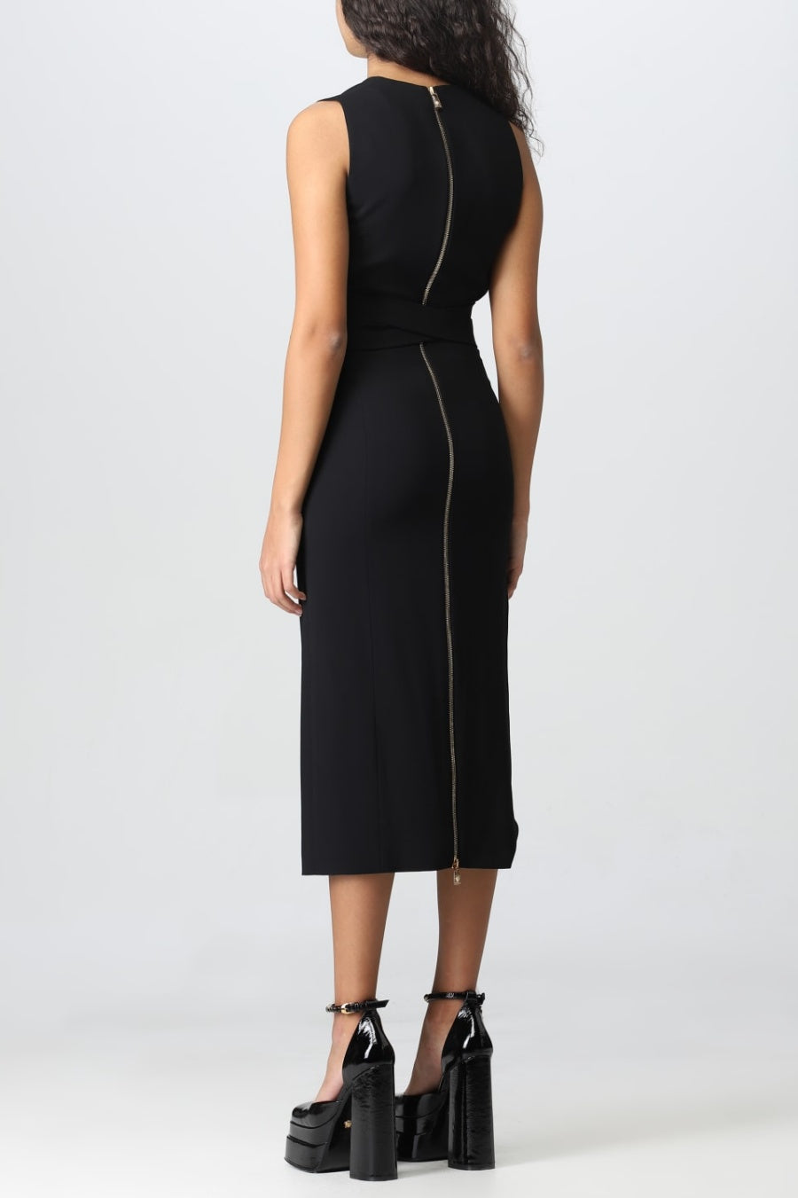 SAPLE V-NECK BELTED MIDI BANDAGE DRESS