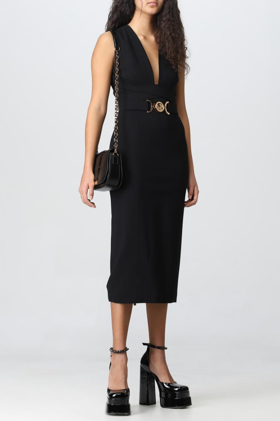 SAPLE V-NECK BELTED MIDI BANDAGE DRESS