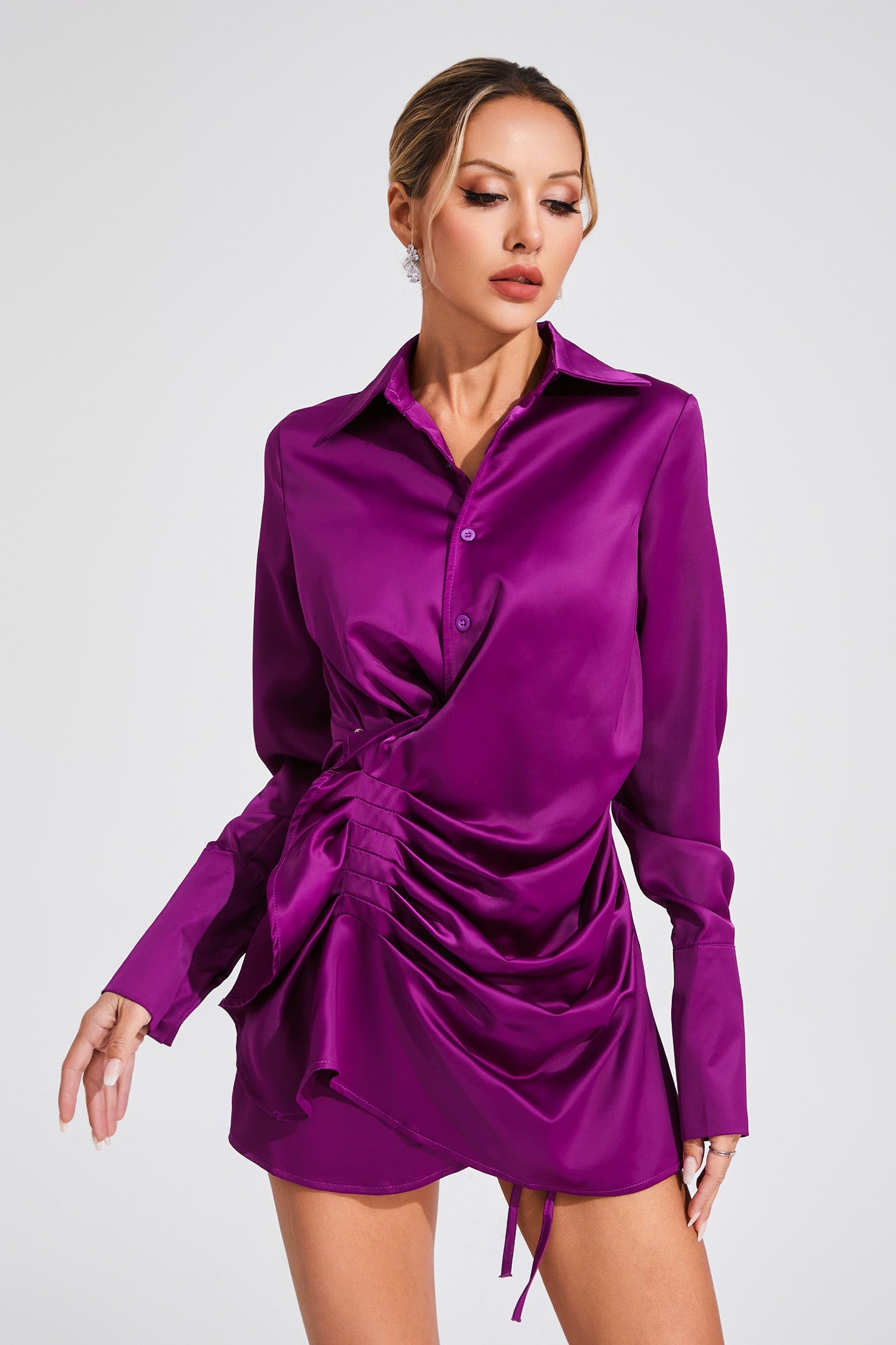 TIFFANY RUCHED SATIN MINI DRESS IN PURPLE