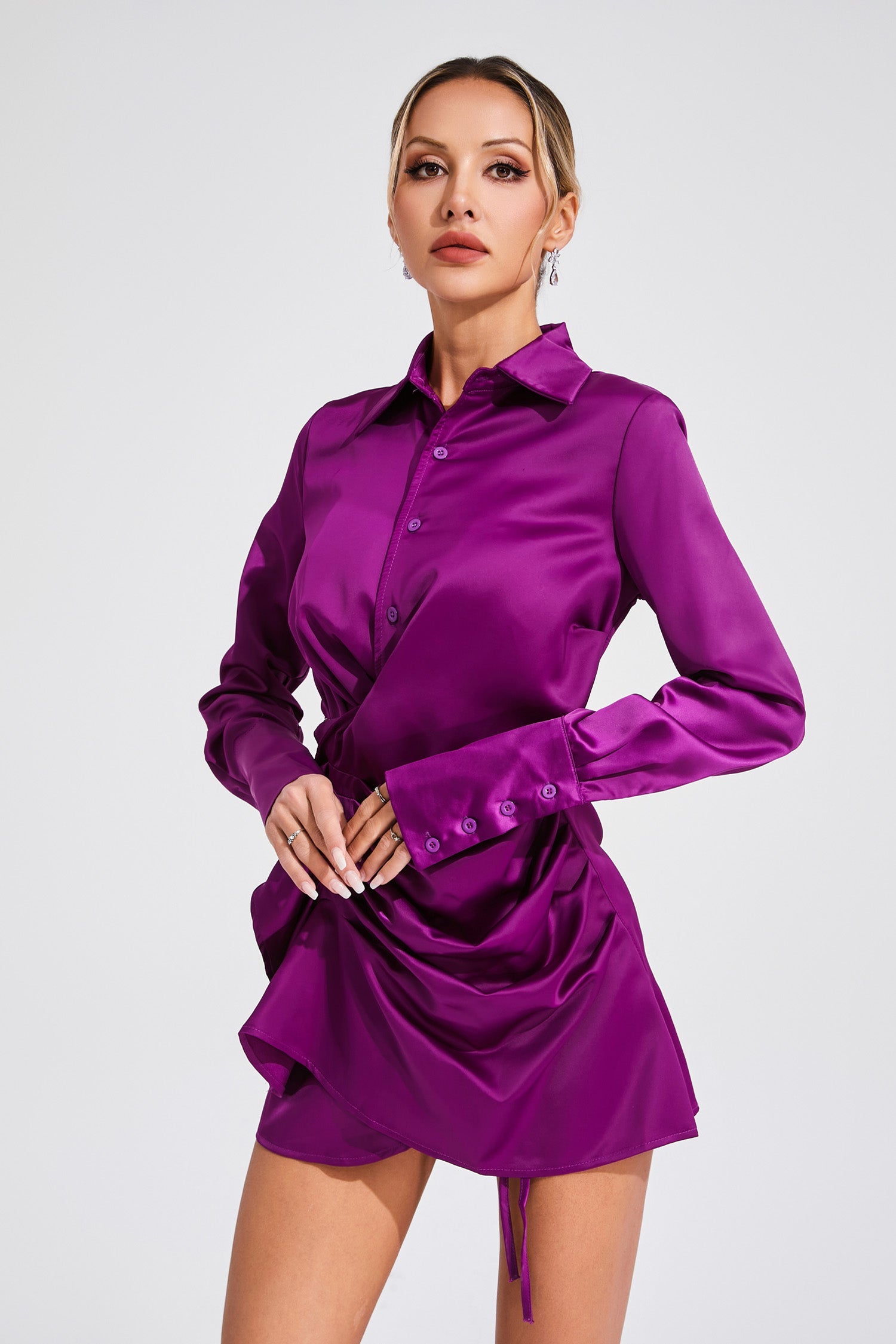 TIFFANY RUCHED SATIN MINI DRESS IN PURPLE