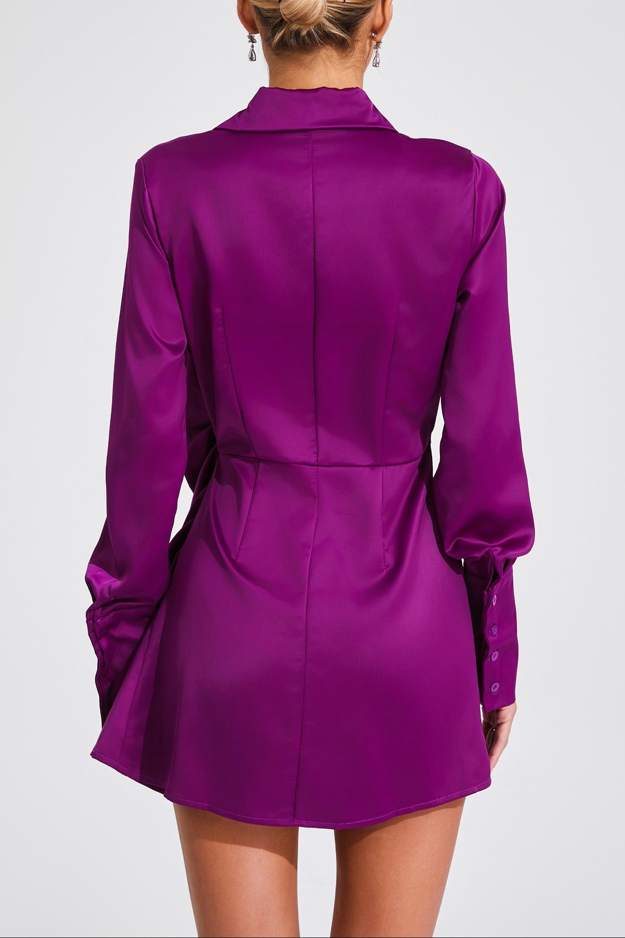 TIFFANY RUCHED SATIN MINI DRESS IN PURPLE