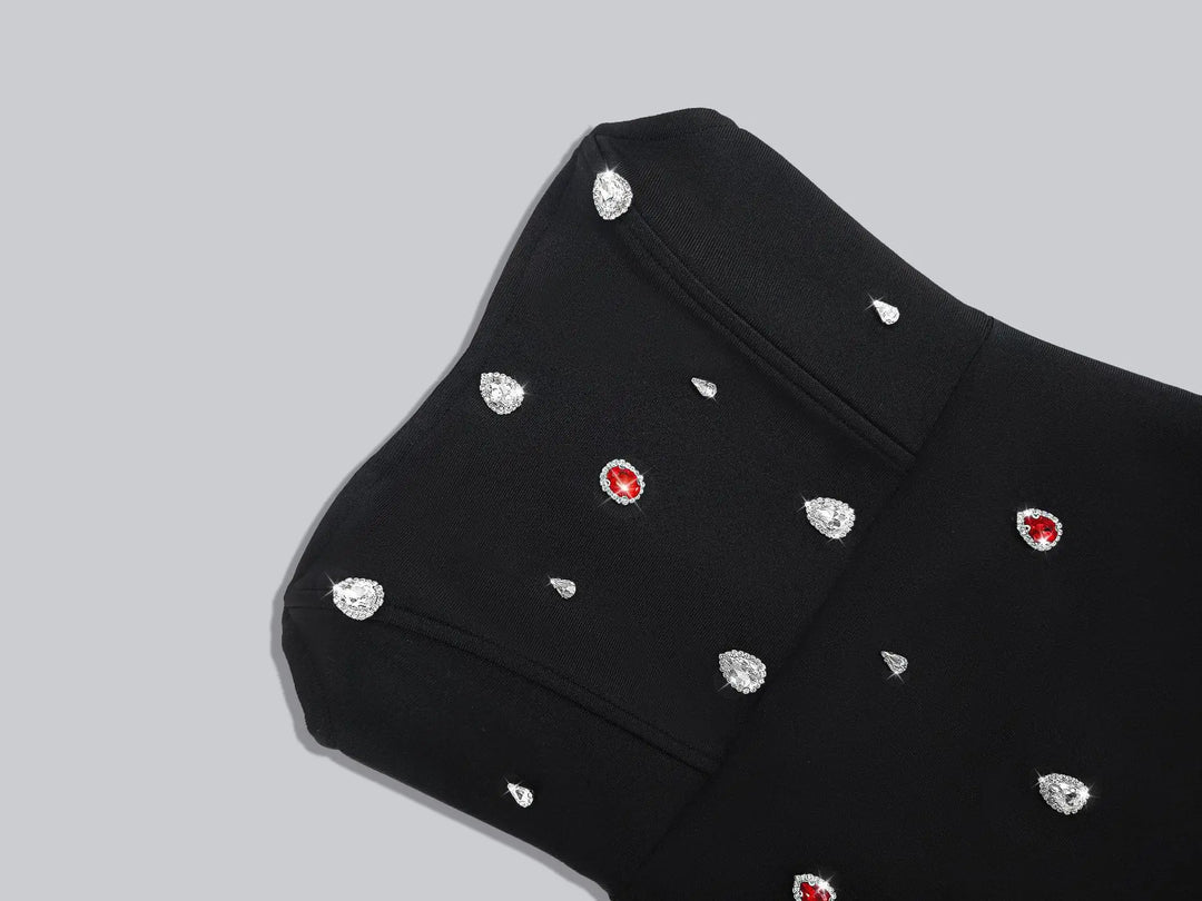 BLACK DIAMOND BANDAGE MINI DRESS, STRAPLESS COCKTAIL PARTY
