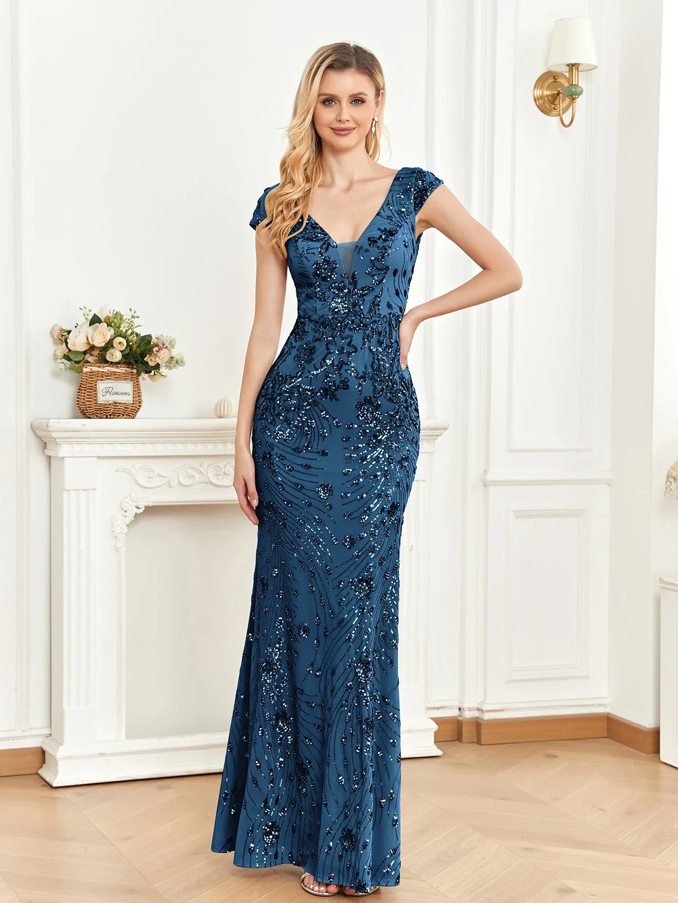 ADDISYN SEQUIN MERMAID EVENING GOWN CAP SLEEVES
