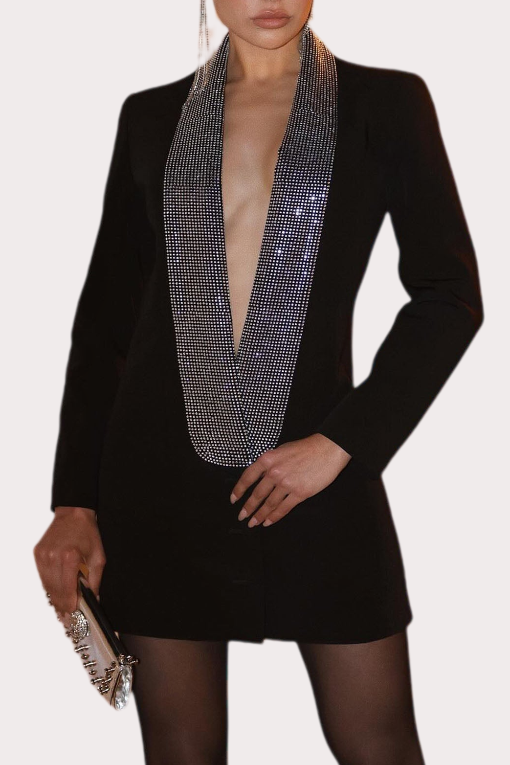 SCARLETT CRYSTAL CUTOUT BLAZER DRESS - BLACK COCKTAIL