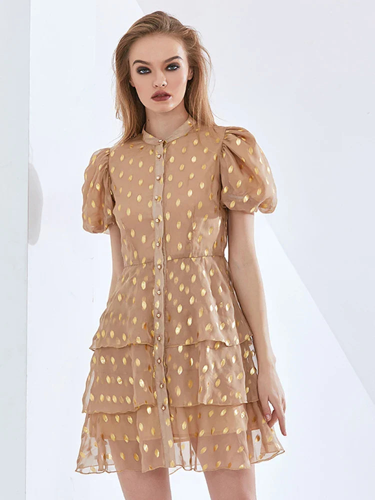 POLKA DOT LAYERED MINI DRESS, KHAKI, CASUAL