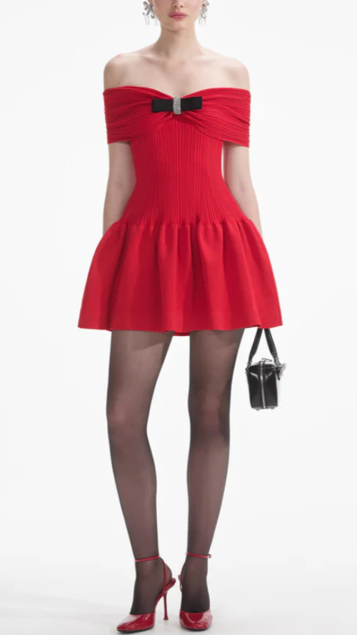 RED KNIT BOW MINI DRESS