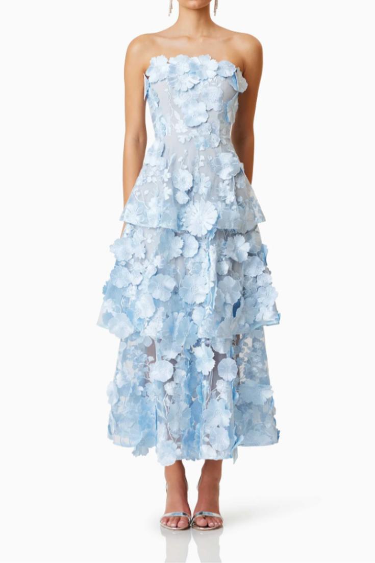 SELENE 3D FLOWER TIERED MAXI DRESS BLUE
