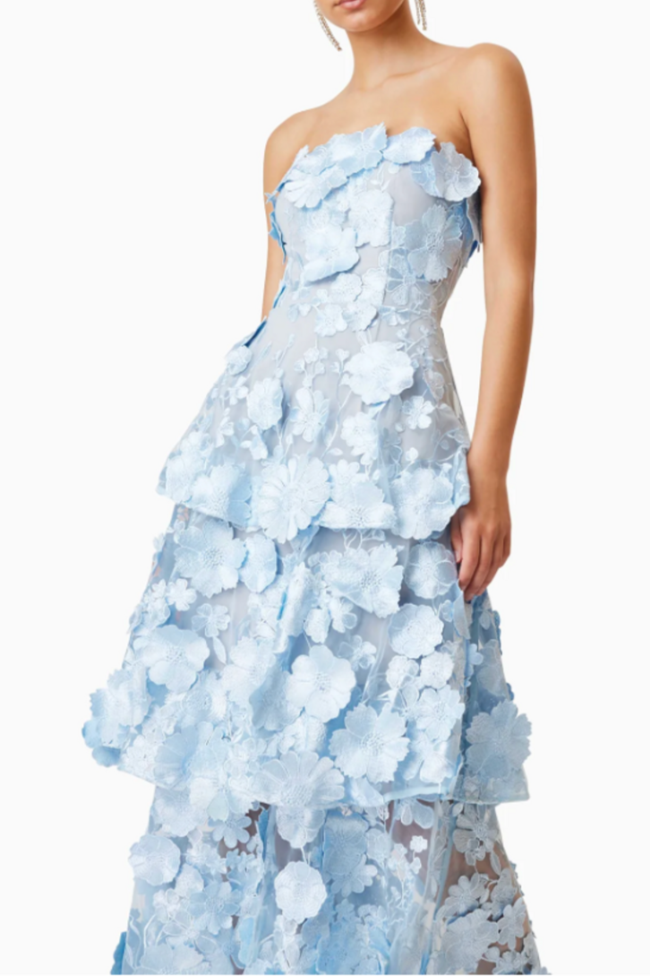 SELENE 3D FLOWER TIERED MAXI DRESS BLUE