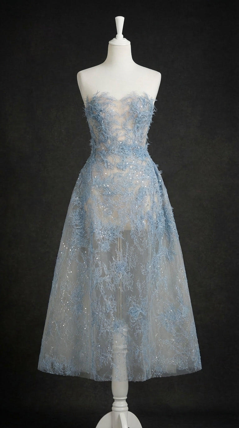 BLUE BEADED LACE COCKTAIL DRESS