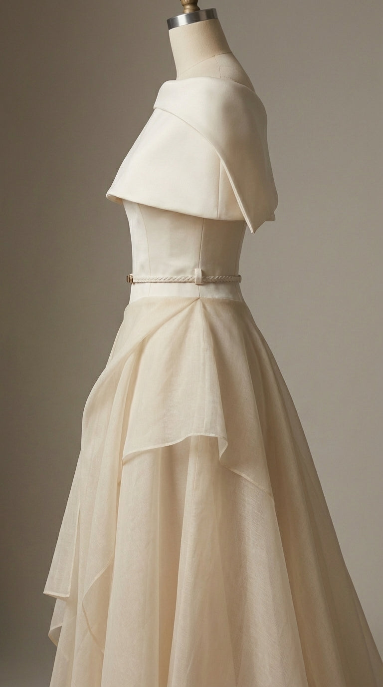 KELLY BEIGE CAPE SLEEVE RUFFLE MIDI DRESS W BELT