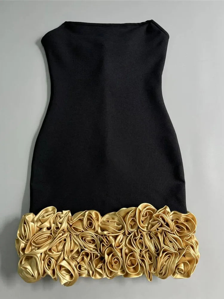 STRAPLESS GOLD 3D FLORAL MINI BANDAGE DRESS