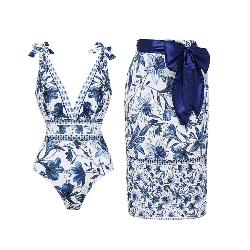 V-NECK LACE PRINTED SWIMSUIT & SKIRT SET