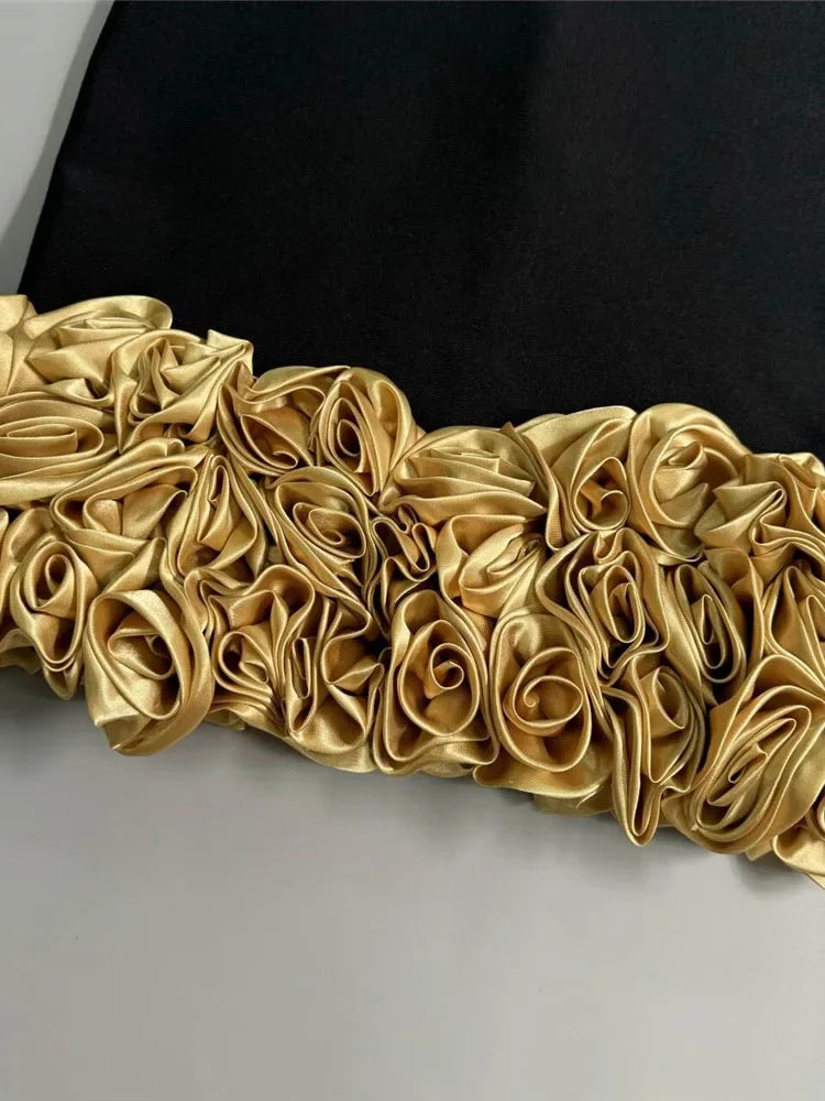STRAPLESS GOLD 3D FLORAL MINI BANDAGE DRESS