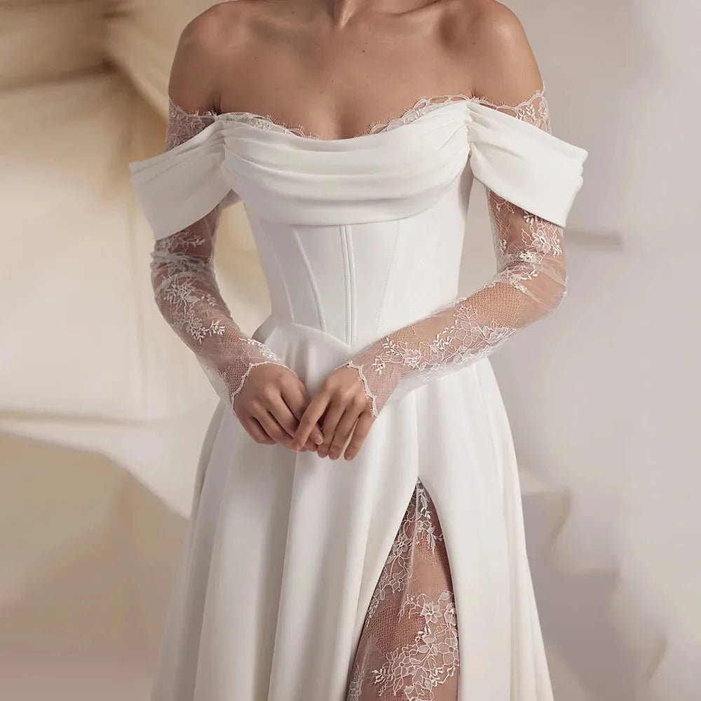 A-LINE OFF-SHOULDER SATIN LACE BRIDAL GOWN