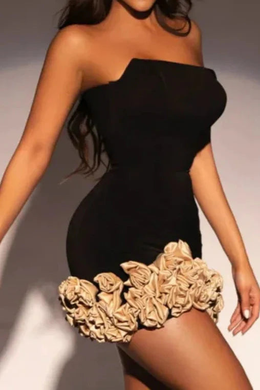 STRAPLESS GOLD 3D FLORAL MINI BANDAGE DRESS