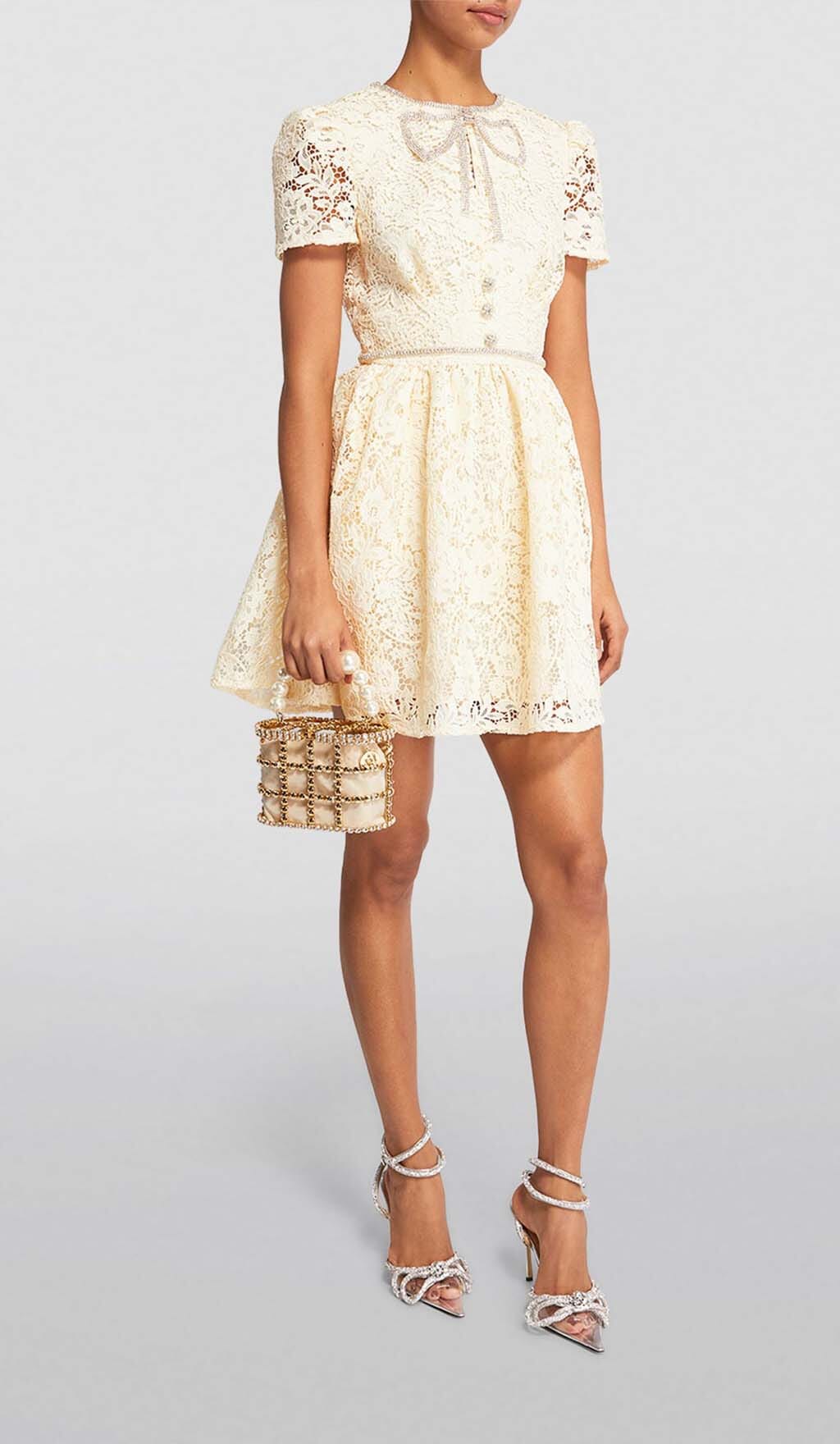 LACE BOW MINI DRESS CREAM YELLOW PARTY