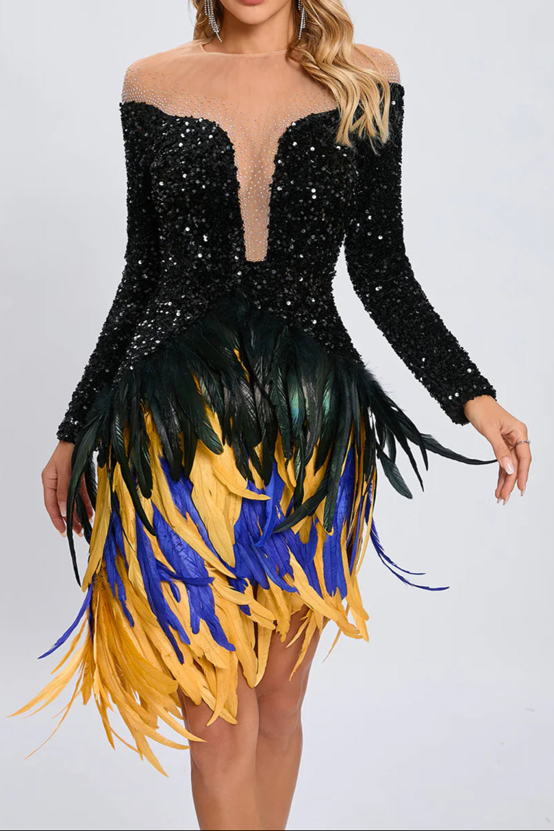 FEATHER SEQUIN MINI DRESS, BLACK, PARTY