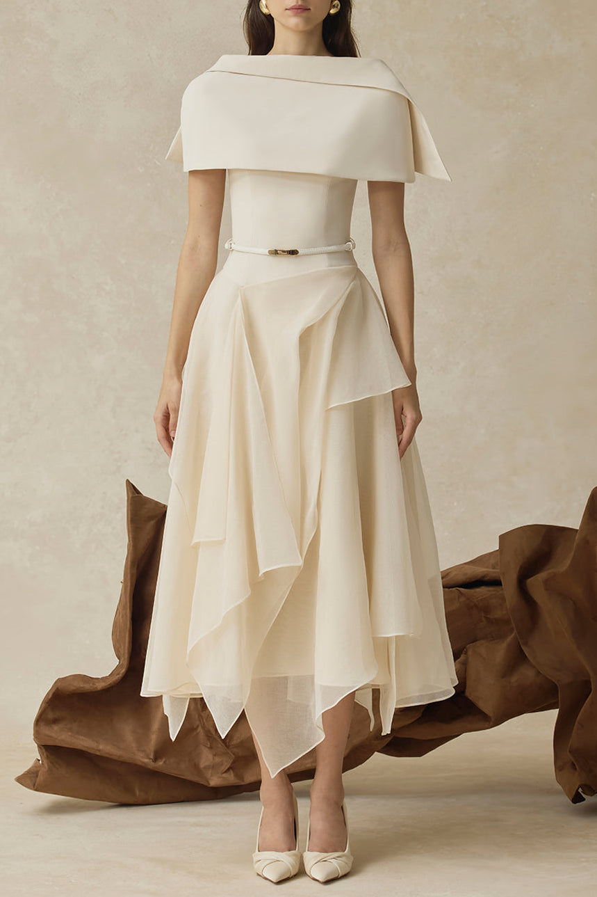 KELLY BEIGE CAPE SLEEVE RUFFLE MIDI DRESS W BELT