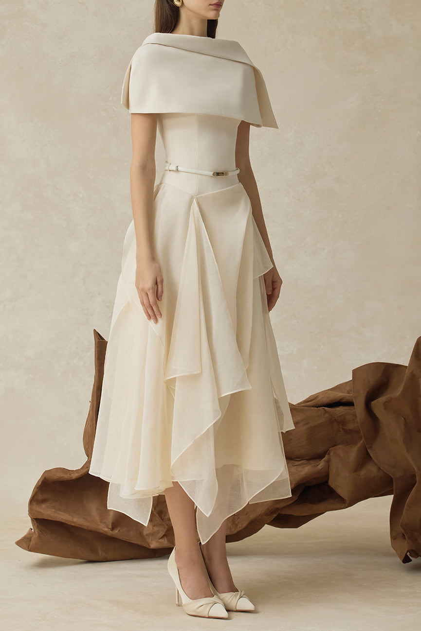 KELLY BEIGE CAPE SLEEVE RUFFLE MIDI DRESS W BELT